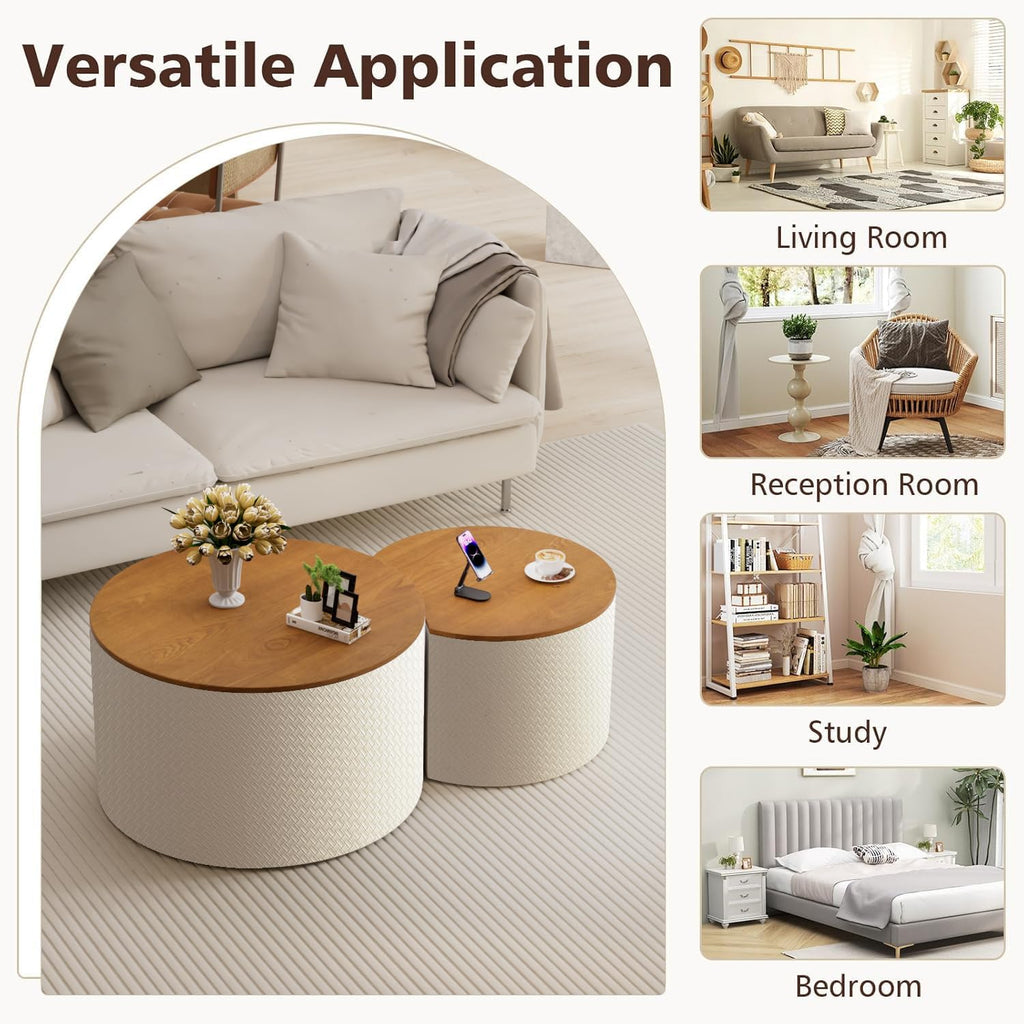 WXFKLDJ Nesting Coffee Tables Set of 2 Leather Finish Round Coffee Tables with Storage Wood Frame Drum End Side Table for Small Space Living Room Bedroom No Assembly Needed (White with Storage)
