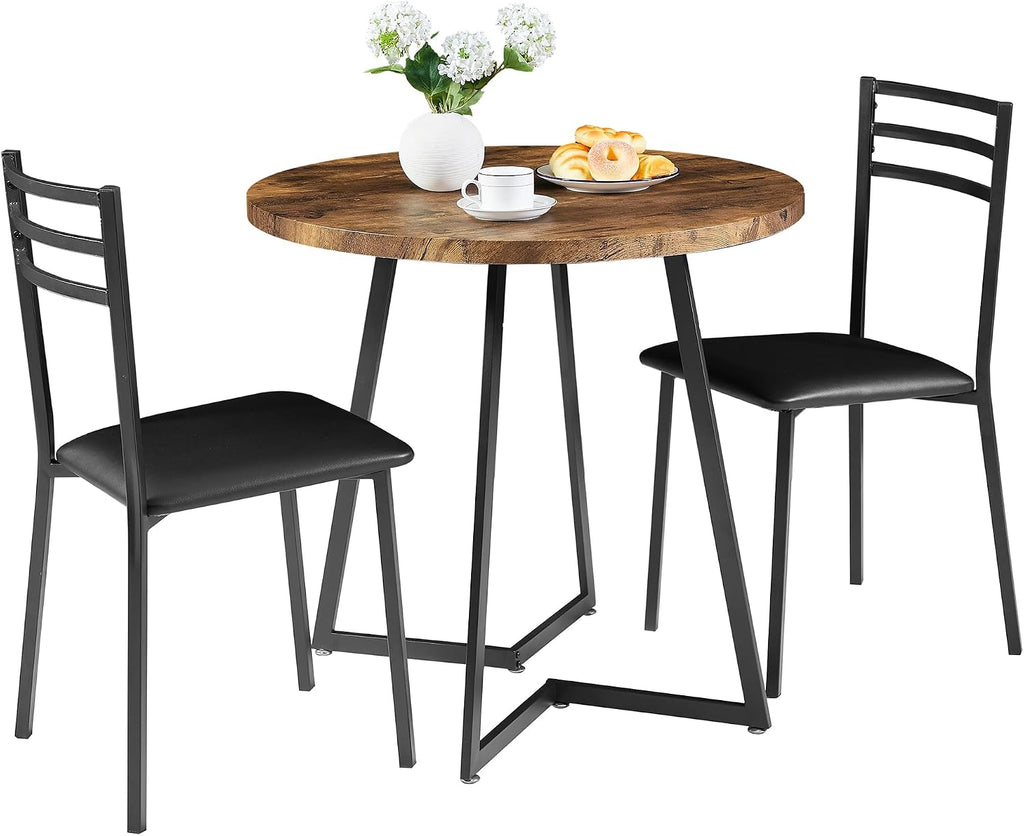 VECELO Small Round Kitchen Table with 2 Upholstered Chairs, 3-Piece Wood Dinette Sets with Steel Frame for Breakfast Nook, Dining Room, and Small Space, Brown