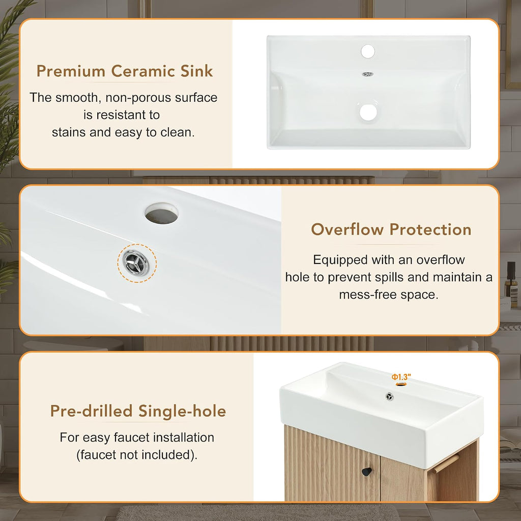 21.6' Modern Bathroom Vanity with Ceramic Sink - Freestanding Wood Grain Cabinet (MDF) with Left Door, Perfect Open/Closed Storage for Small Bathrooms!