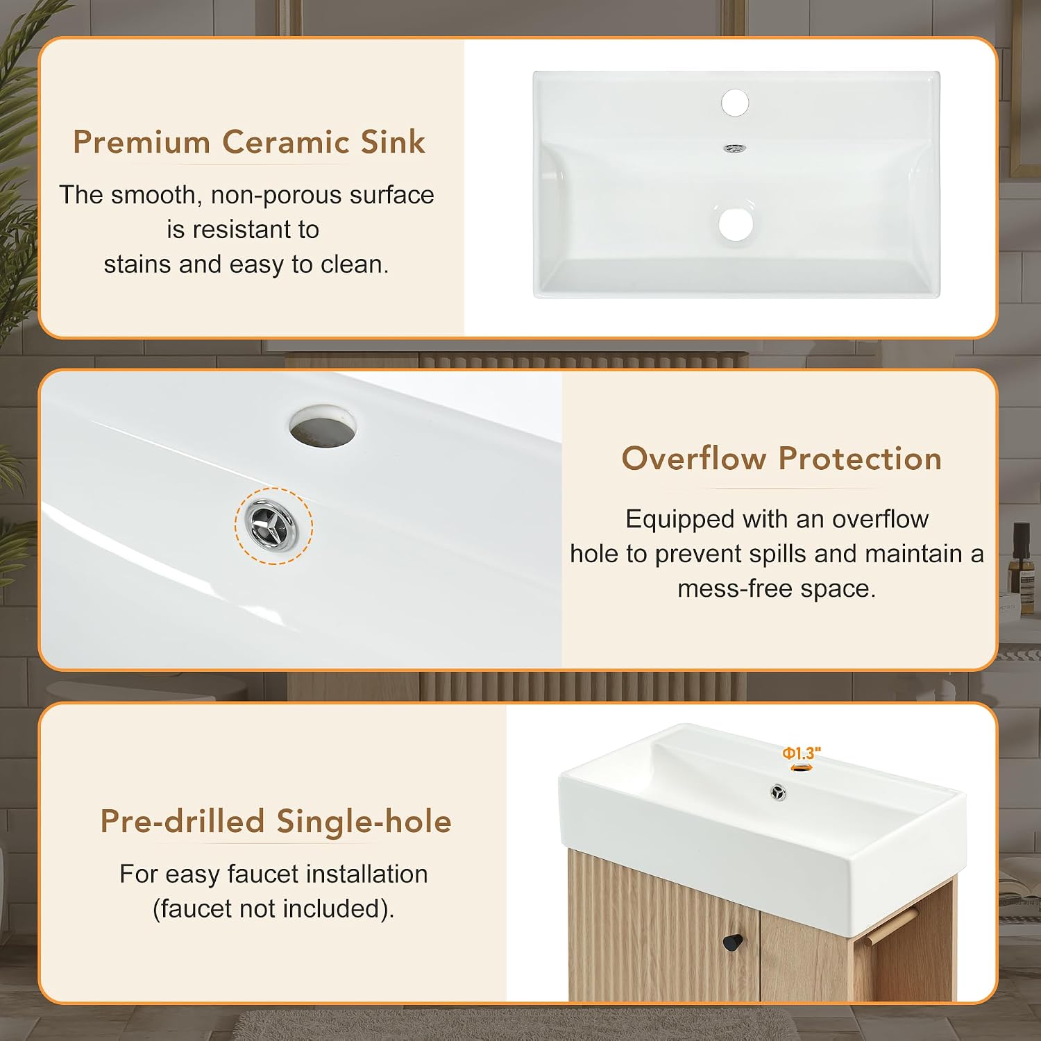 21.6' Modern Bathroom Vanity with Ceramic Sink - Freestanding Wood Grain Cabinet (MDF) with Left Door, Perfect Open/Closed Storage for Small Bathrooms!