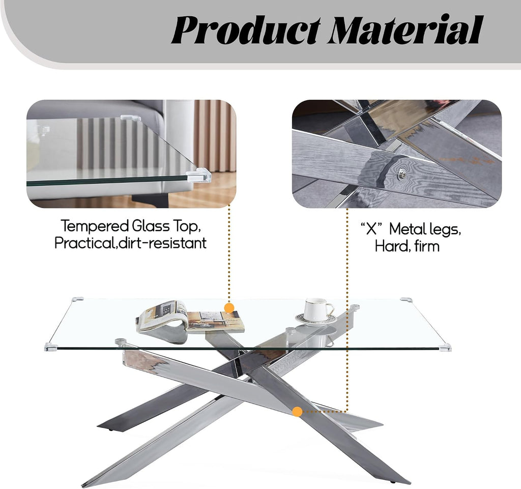 3 Pieces Living Room Table Set, 47' Glass Coffee Table and 2 End Table, Glass Coffee Table Set with Tempered Glass Tabletop and Metal Legs, for Living Room, Leisure, Apartment
