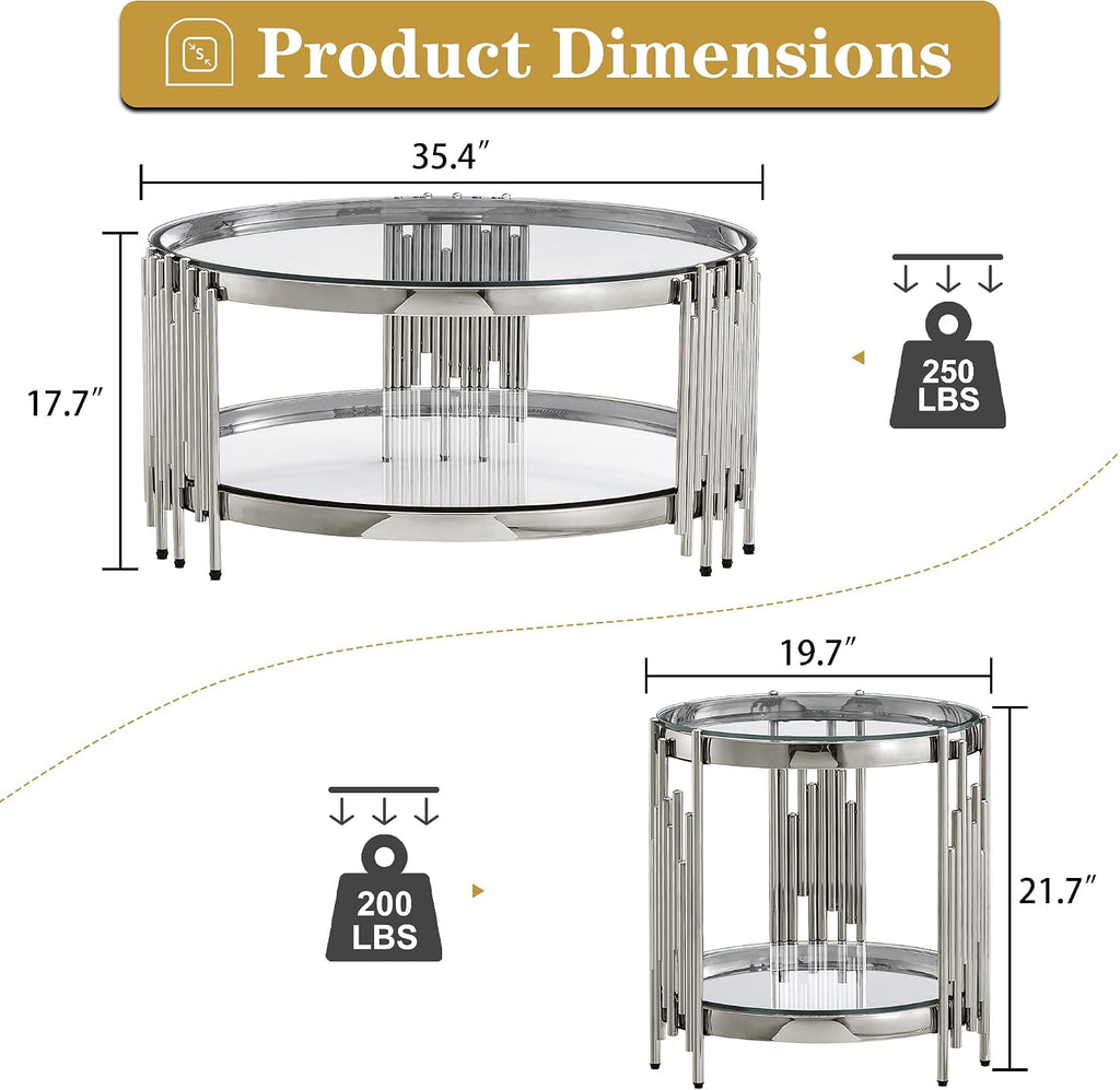 Round Glass Coffee Table Set of 3, Silver and Clear Modern Living Room Table Set, Includes 1 Coffee Table & 2 End Tables, Stainless Steel Base Tempered Glass Top, Luxury Furniture for Home Office
