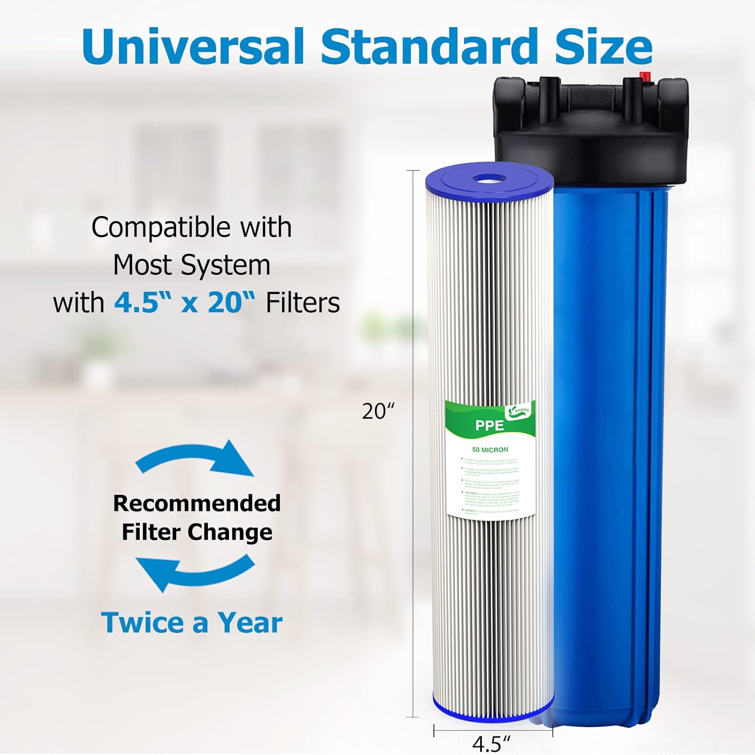 50 Micron 20-Inch Heavy Duty Whole House Water Filter Replacement Cartridge, Pleated Sediment Water Filters 4.5' x 20' for Well Water, Compatible with ECP5-20BB, R30-20BB, SPC-45-2050, 6 Pack