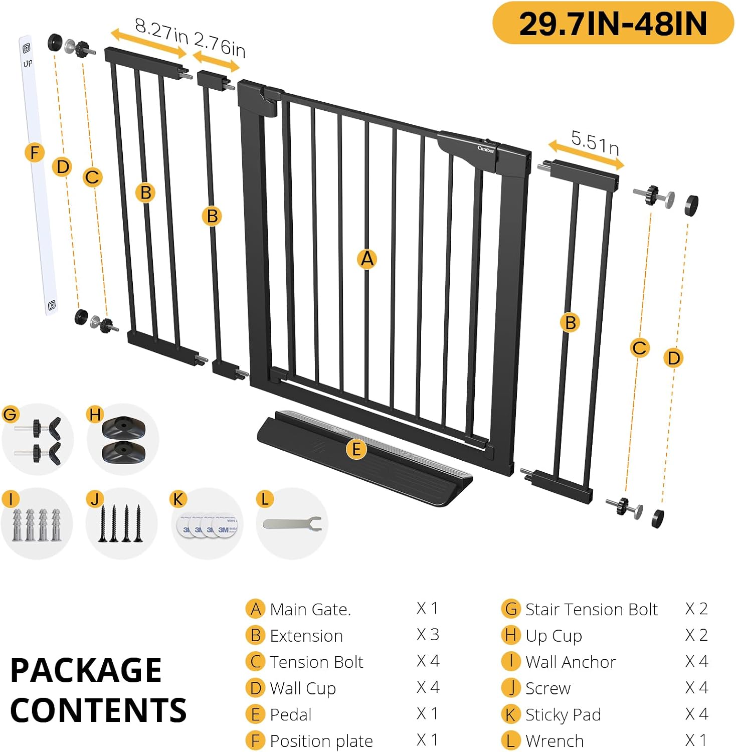 Cumbor 2 Pack 29.7'-48' Baby Gate for Stairs, Mom's Choice Awards Winner-Dog Gate for Doorways, Pressure Mounted Auto-Close Pet Gates for Dogs Indoor, Safety Child Gate with Easy Walk Thru Door,Black