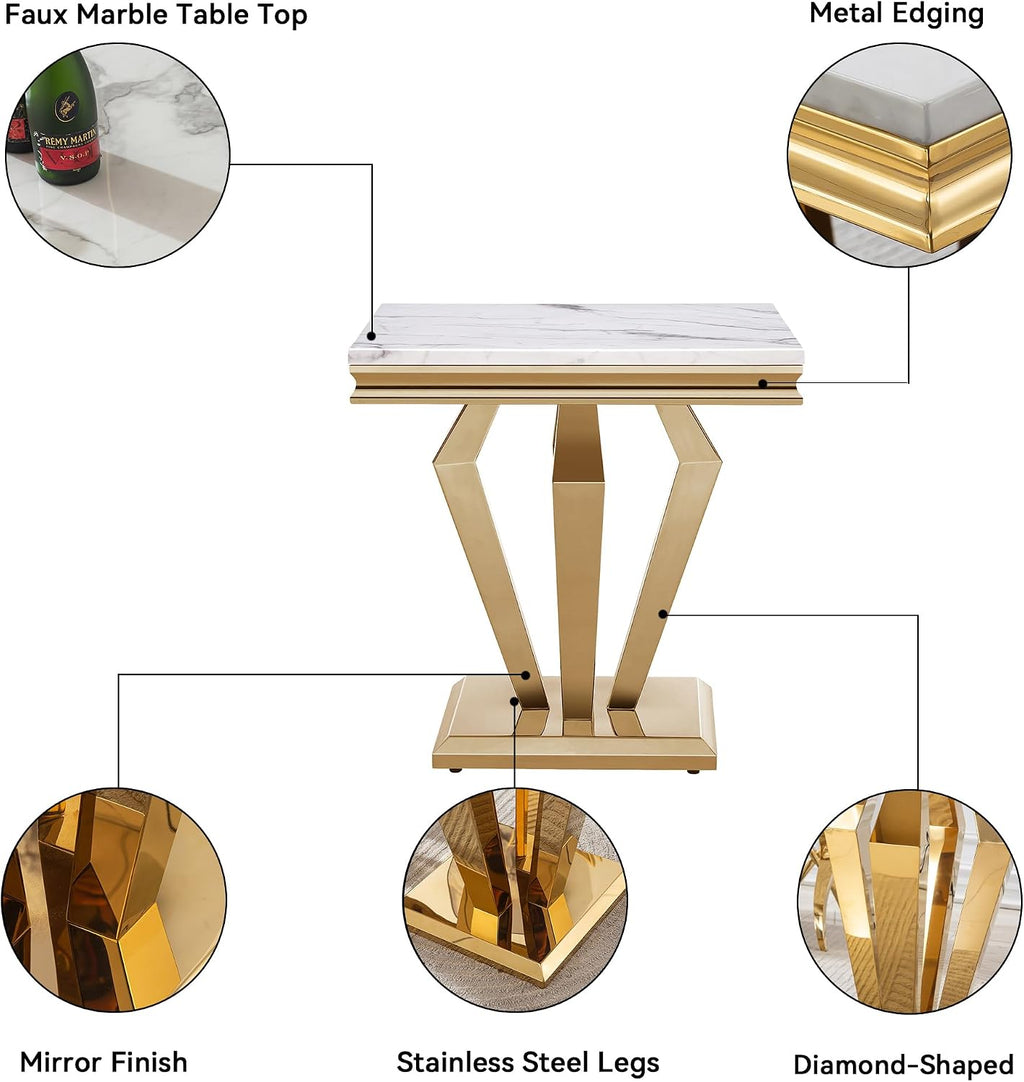 3 Pieces Living Room Table Set, Faux Marble Coffee Table Set of 3, Modern Coffee Table, Console Table and End Table with Diamond-Shaped Stainless Steel Base for Living Room (White Gold)