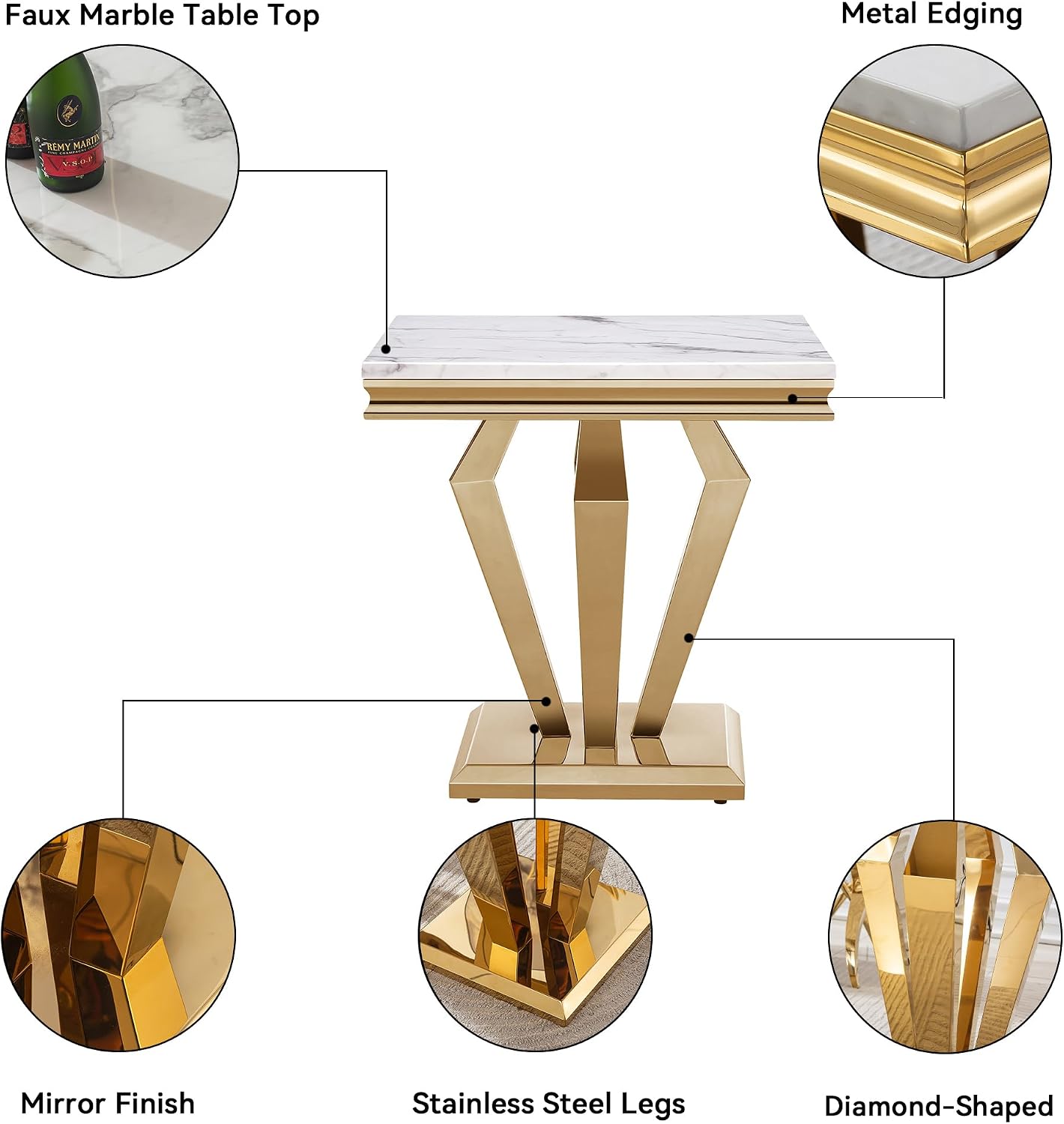 3 Pieces Living Room Table Set, Faux Marble Coffee Table Set of 3, Modern Coffee Table, Console Table and End Table with Diamond-Shaped Stainless Steel Base for Living Room (White Gold)