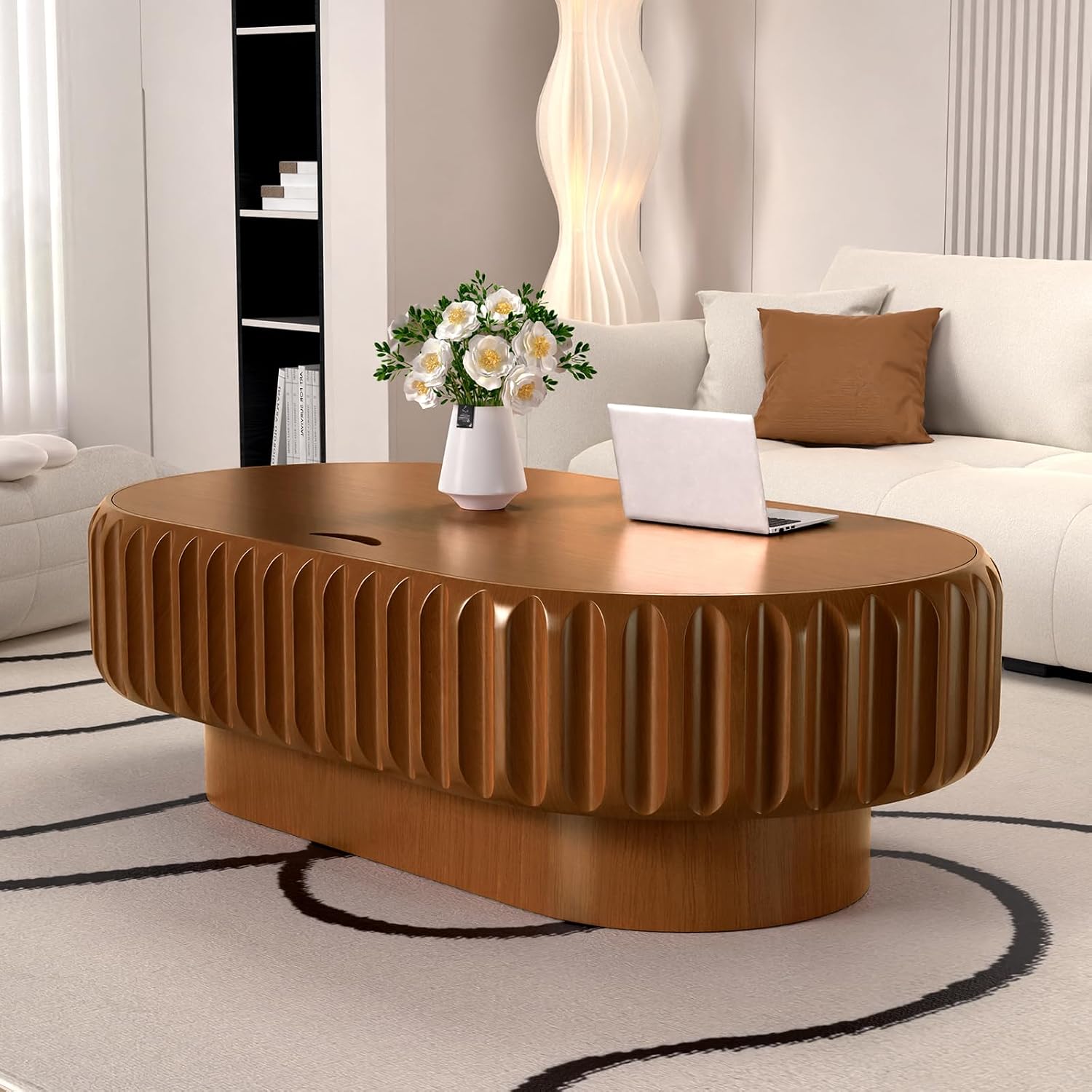 Chic Drum Coffee Table with Storage 43.3' Rustic Oval Center Table - Solid Wood Fluted Veneer Easy Assemble for Living Room Apartment (E 43.3in)