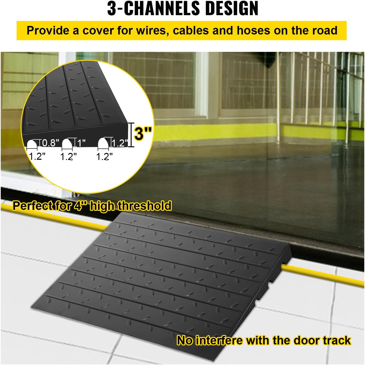 Happybuy Rubber Threshold Ramp, 3' Rise, Doorway Ramp with 3 Channels Cord Cover, Solid Rubber Angled Entry Ramp, 2200 lbs Load Capacity for Wheelchairs and Scooters
