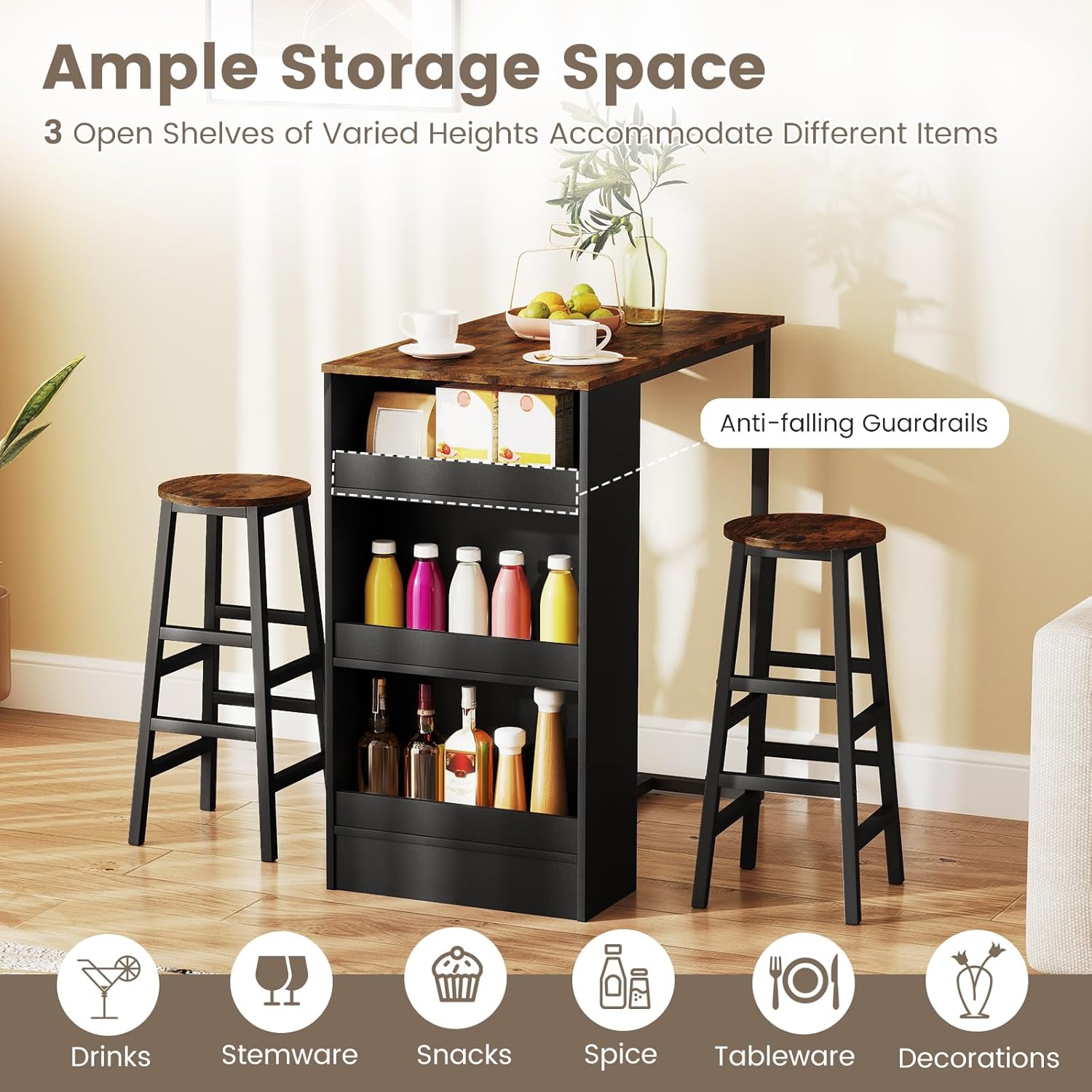 COSTWAY 3-Piece Bar Table Set, 36' Counter Height Breakfast Table with 3 Storage Shelves & 2 Round Stools, Rectangular Kitchen Table Set for 2, for Dining Room, Living Room, Rustic Brown and Black