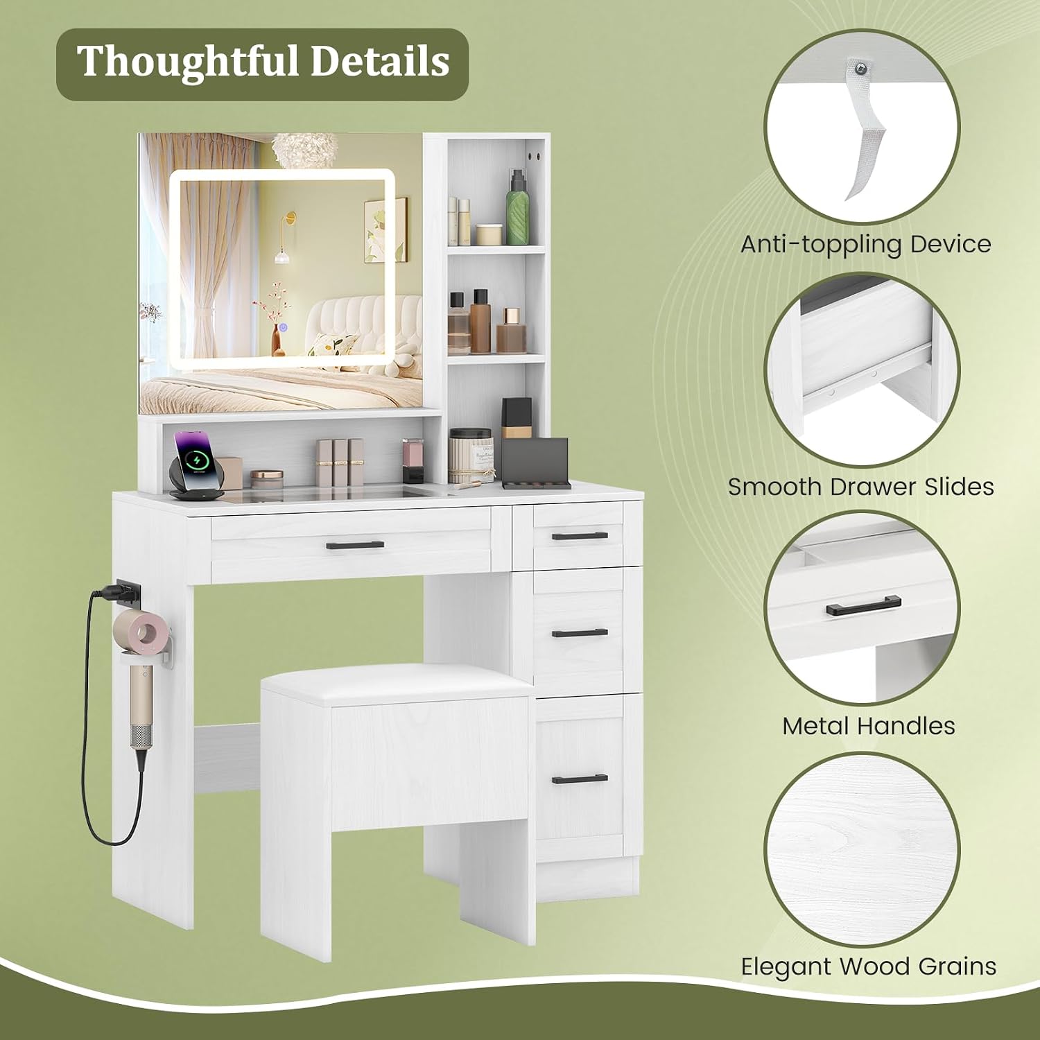 LOKO Vanity Desk with Mirror & Lights, Makeup Table & Stool Set with Storage, Charging Station, Hair Dryer Stand, 3 Color Lighting, See-Through Tempered Glass Tabletop, Modern Dressing Desk, White