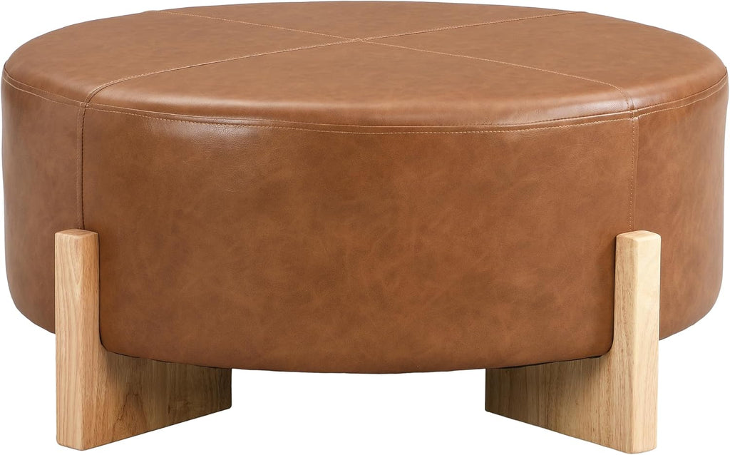 Christopher Knight Home Holmes Modern Faux Leather Upholstered Ottoman Coffee Table, Wooden Round Cocktail Ottoman, Large Living Room Sofa Footstool/Footrest, Brown+Natural