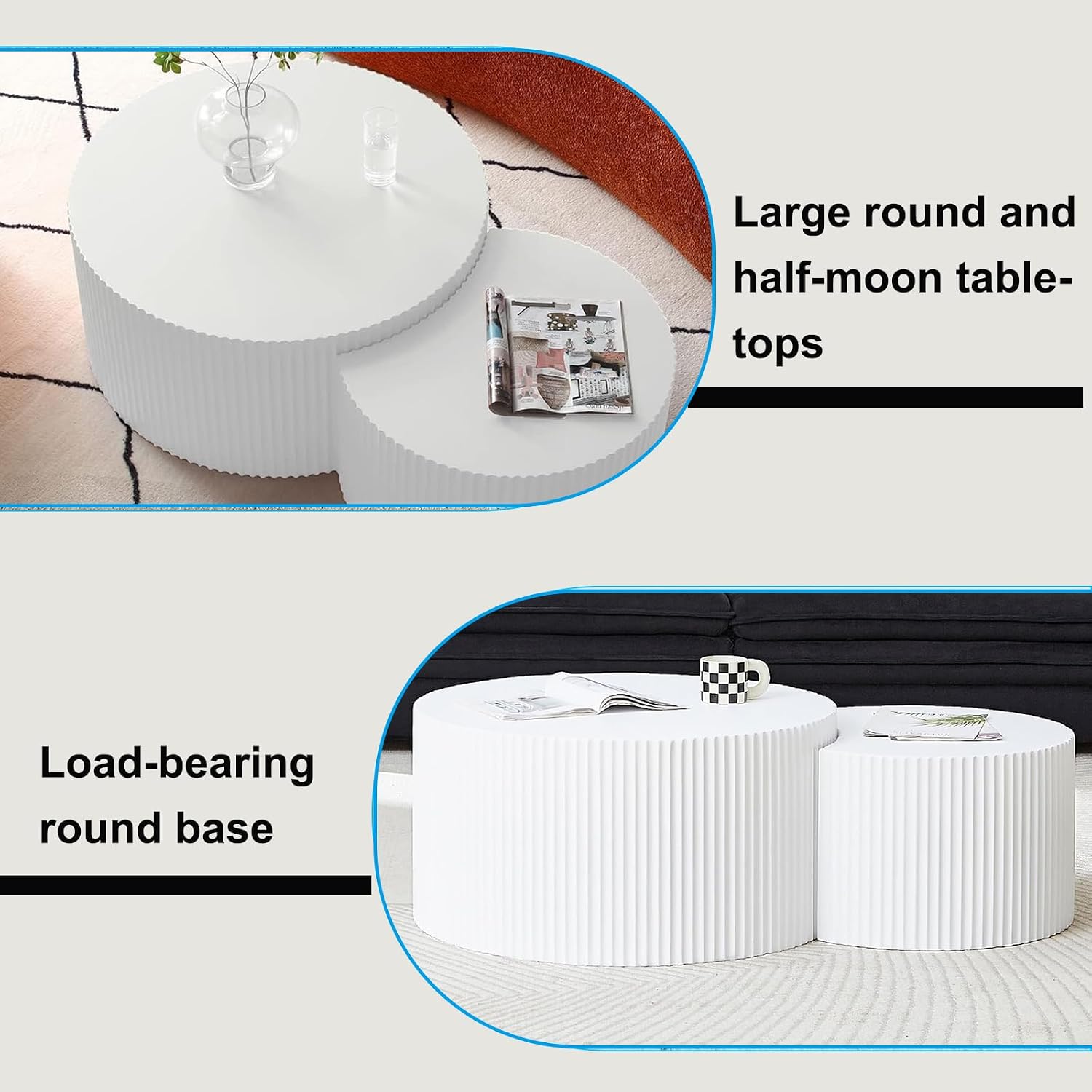 Nesting Coffee Table Set of 2 Wood Circle Drum Coffee Tables Set Contemporary Fluted Coffee Table Round Wooden Coffee Tables for Living Room & Small Space ((Cream, 27.5 +19.6in)