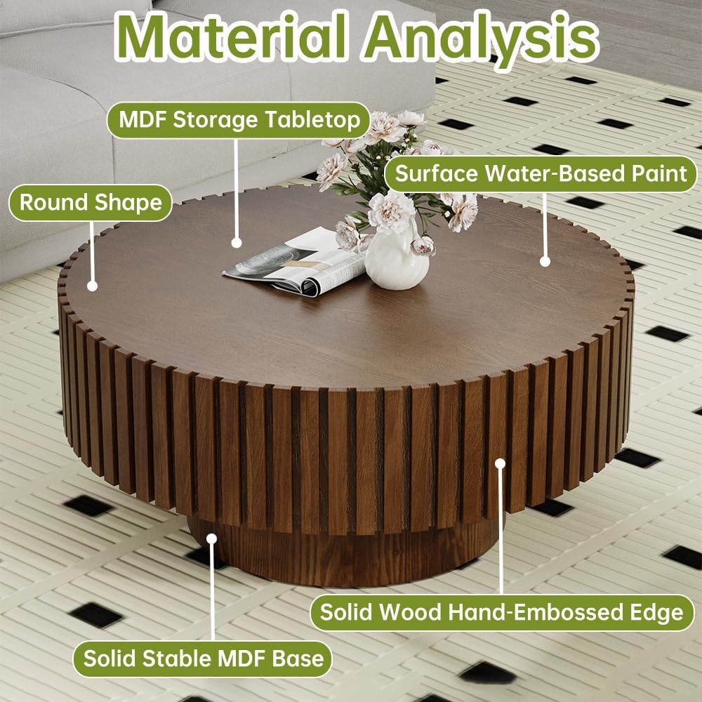 Round Fluted Coffee Table Round Drum Coffee Table for Living Room Modern Circular Pedestal Center Table (Circle Brown 31.5in)