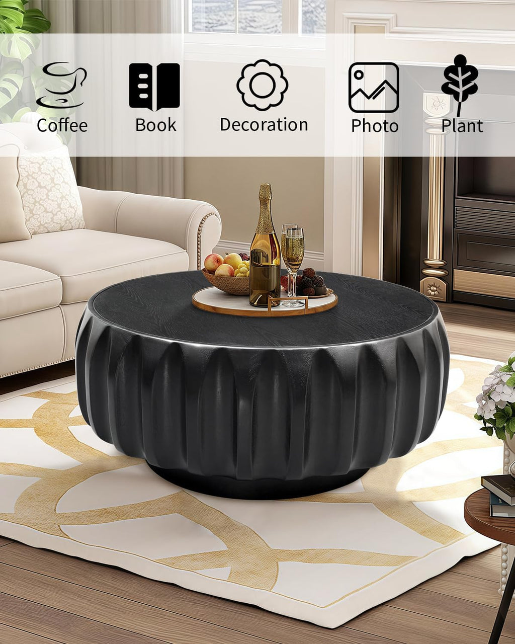 31.5' Drum Coffee Table Modern Unique Fluted Tea Table Contemporary Wood Round Coffee Table with Fluted Centry Table for Living Room Black