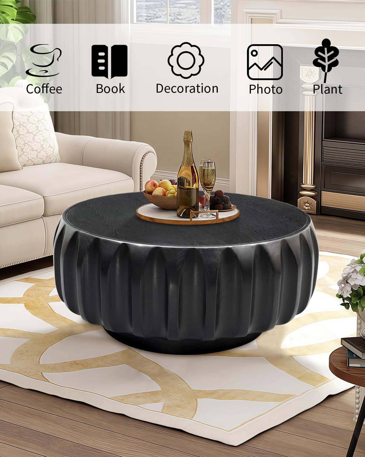 31.5' Drum Coffee Table Modern Unique Fluted Tea Table Contemporary Wood Round Coffee Table with Fluted Centry Table for Living Room Black