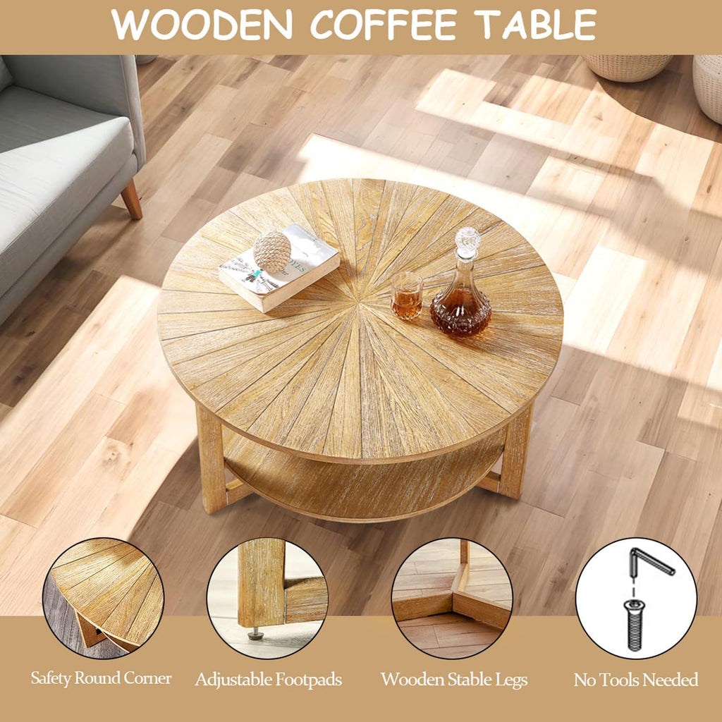 Round Coffee Table, 35' Circle Wood Coffee Table with Storage Shelf, 2 Tier Center Table for Living Room Apartment Home Furniture, Easy Assembly (Light Brown,35' Dx35 Wx18 H)