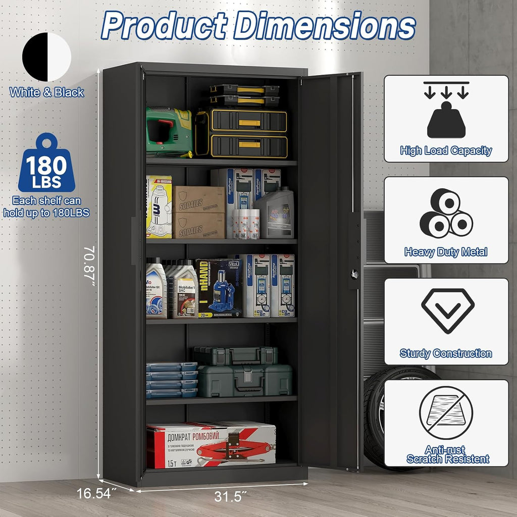 71' H Locking Cabinets, 16.5'' Deep Metal Garage Storage Cabinet with Doors and Shelves, Balck Cabinets for Garage, Kitchen, Office