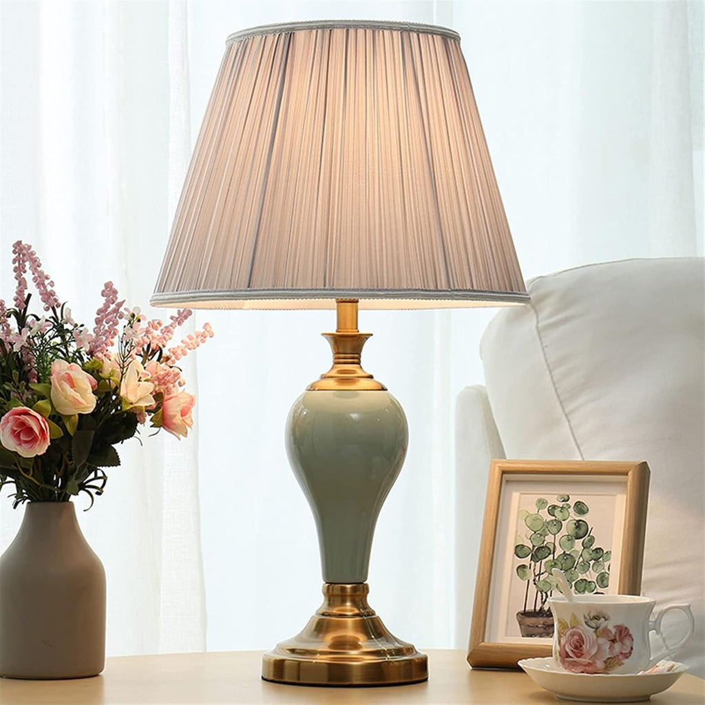 Table Lamp for Bedroom Ceramic Table Lamp Home Bedroom Bedside Lamp with Silver Gray Fabric Lampshade - Modern Lighting Perfect for Nightstands and End Tables Table Top Lamp
