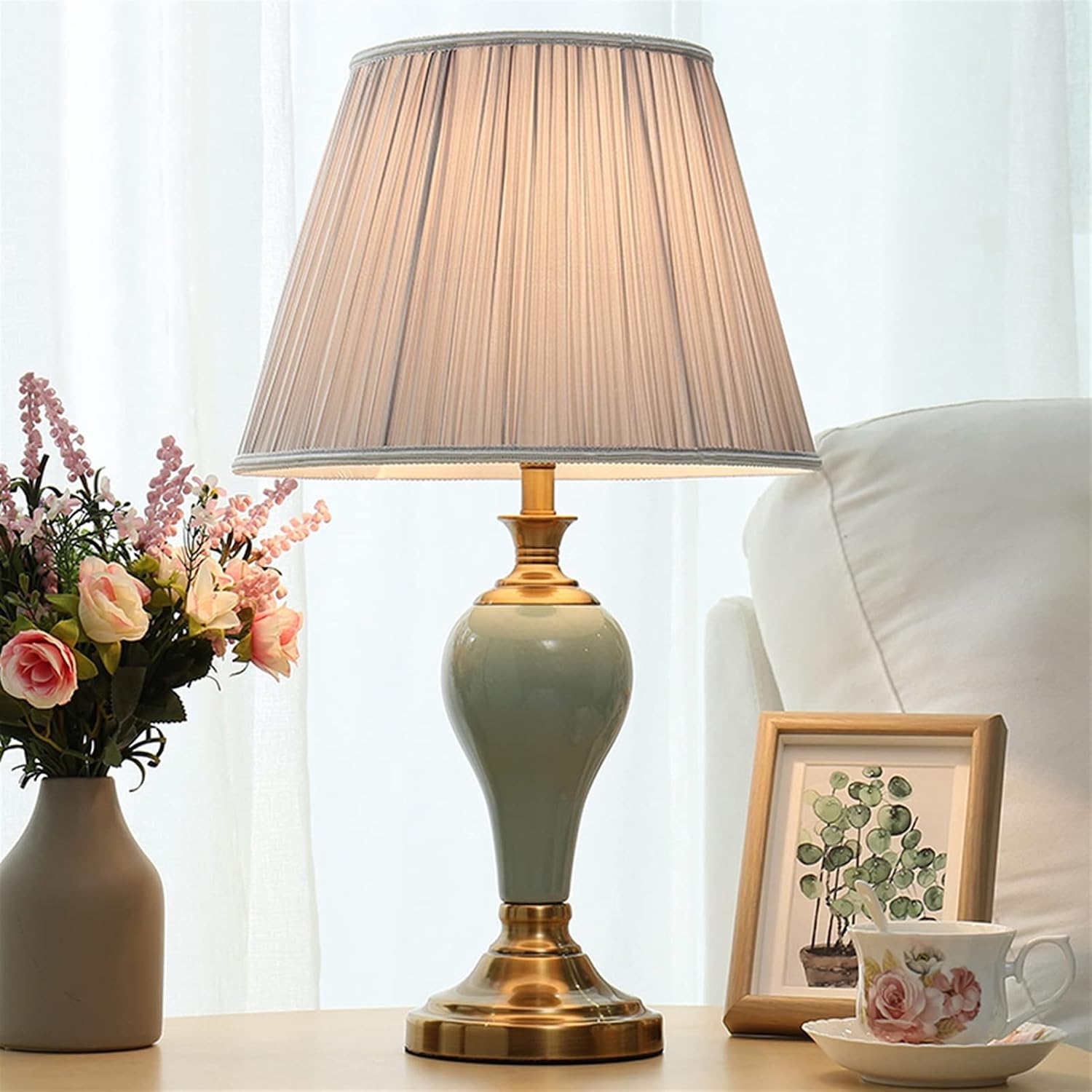 Table Lamp for Bedroom Ceramic Table Lamp Home Bedroom Bedside Lamp with Silver Gray Fabric Lampshade - Modern Lighting Perfect for Nightstands and End Tables Table Top Lamp