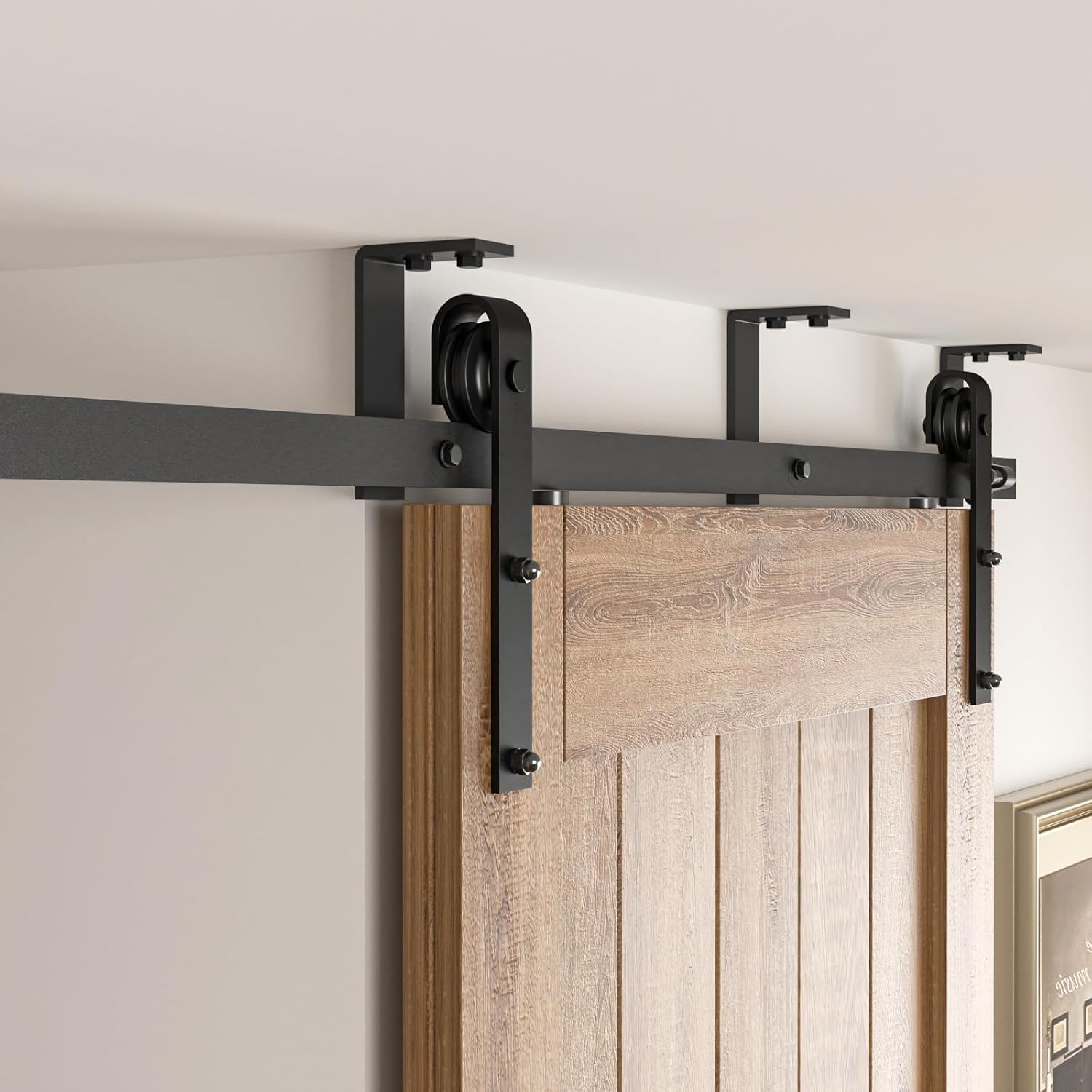CCJH 7.5FT Ceiling Mount Bracket Sliding Barn Door Hardware Kit Black,Strong Bearing, Low Ceiling L-Shape Bracket System, Fit 45' Wide Single Door Panel (Basic Style)