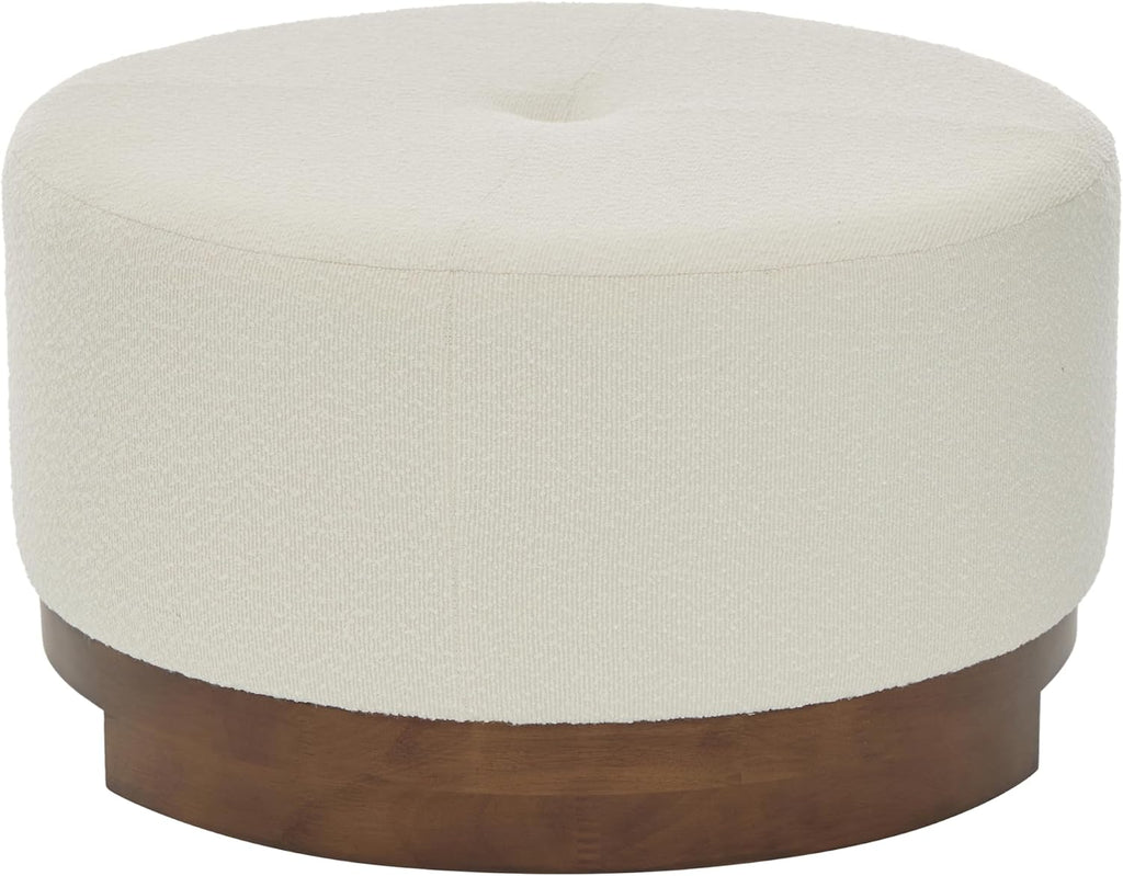 Christopher Knight Home Monroe Boucle Upholstery Round Ottoman, Living Room Sofa Ottoman with Wood Frame, Accent Small Foot Stool, Round Coffee Table, No Assembly Needed, Beige + Dark Walnut