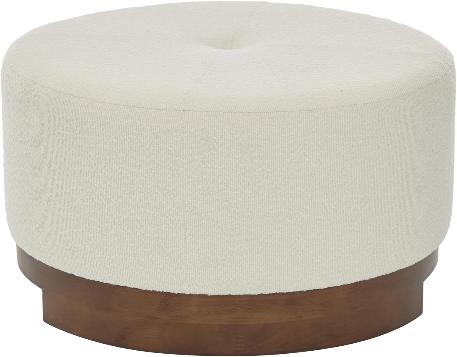 Christopher Knight Home Monroe Boucle Upholstery Round Ottoman, Living Room Sofa Ottoman with Wood Frame, Accent Small Foot Stool, Round Coffee Table, No Assembly Needed, Beige + Dark Walnut