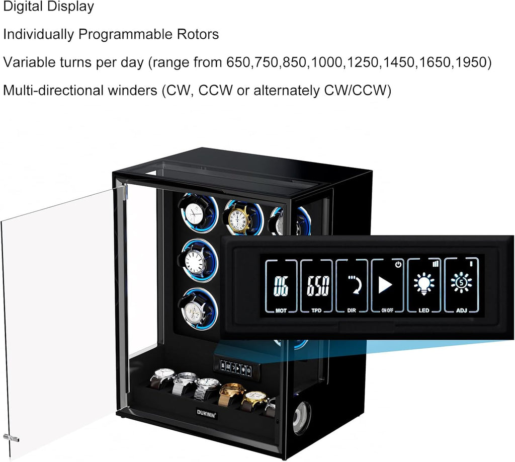 DUKWIN Fingerprint Lock Watch Winder, 8 TPD Watches Winder for 6/9 Automatic Watches with 6 Watch Holders, LCD Display, Adjustable Pillow and Changing LED Light for Gentles and Ladies