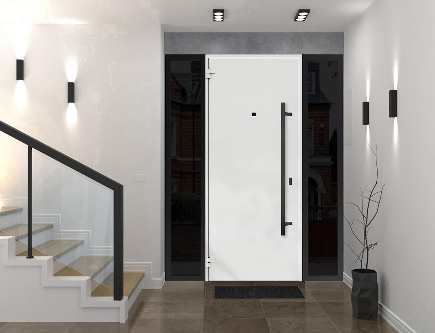 VDOMDOORS Front Exterior Prehung Steel Door/Deux 6078 Black Enamel / 2 Side Exterior Windows Sidelites/Entry Metal Modern Painted W12+36+12' x H80 Right Hand Inswing
