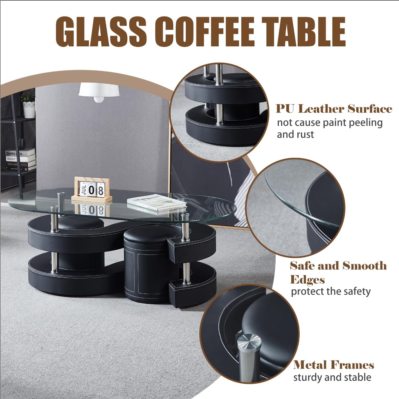 Glass Coffee Table Set with 2 Stools, 49' Oval Coffee Table and 2 Leather Stools, Modern Glass Center Table for Living Room, Home Office