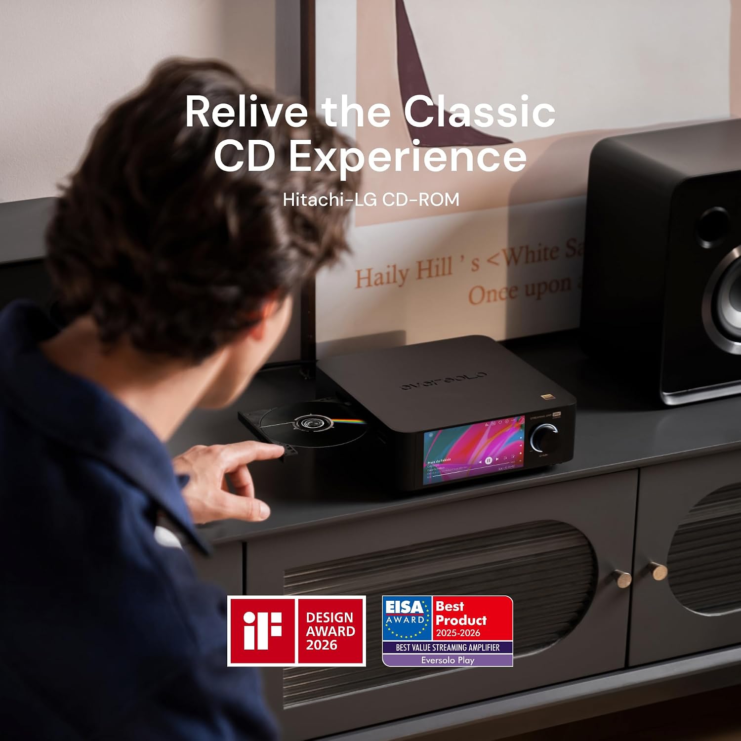 Eversolo Play | Music Streamer with DAC & Amplifier 60W×2ch(8Ω) / 110W×2ch(4Ω) | 5.5' LCD Touchscreen, Support Room Correction & Multi Room System, Stream Qobuz, Tidal&More | Black (CD Edition)