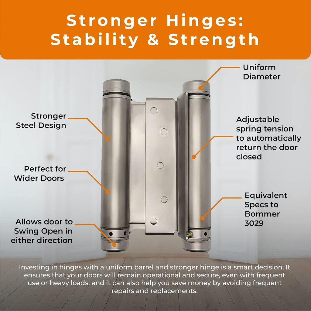 Swinging Cafe Doors - 6' Double Action Hinge – Heavy Duty Door Hinges for Saloon & Cafe Bar Swinging Doorways – Commercial Grade, Adjustable Tension for High Traffic Use, Satin Chrome, 4 Units