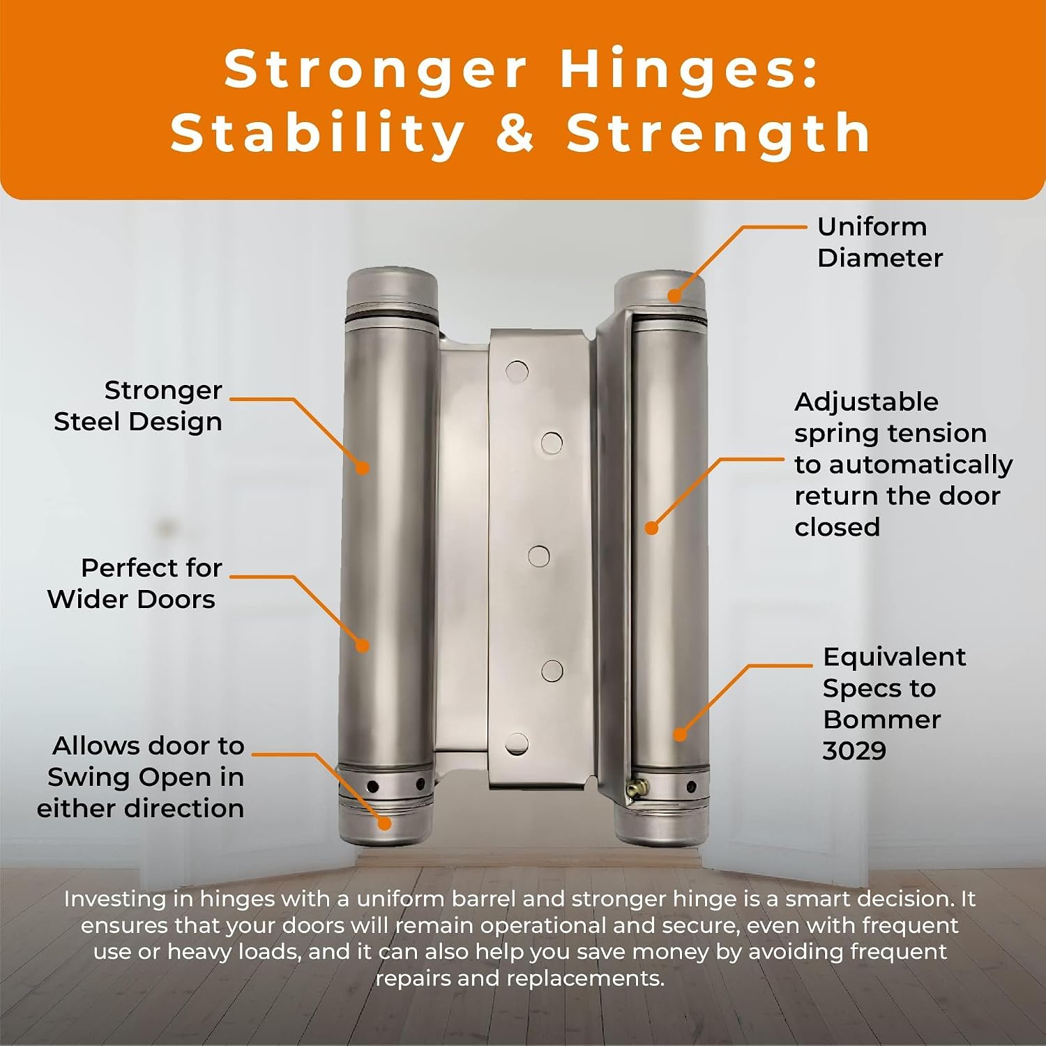 Swinging Cafe Doors - 6' Double Action Hinge – Heavy Duty Door Hinges for Saloon & Cafe Bar Swinging Doorways – Commercial Grade, Adjustable Tension for High Traffic Use, Satin Chrome, 4 Units