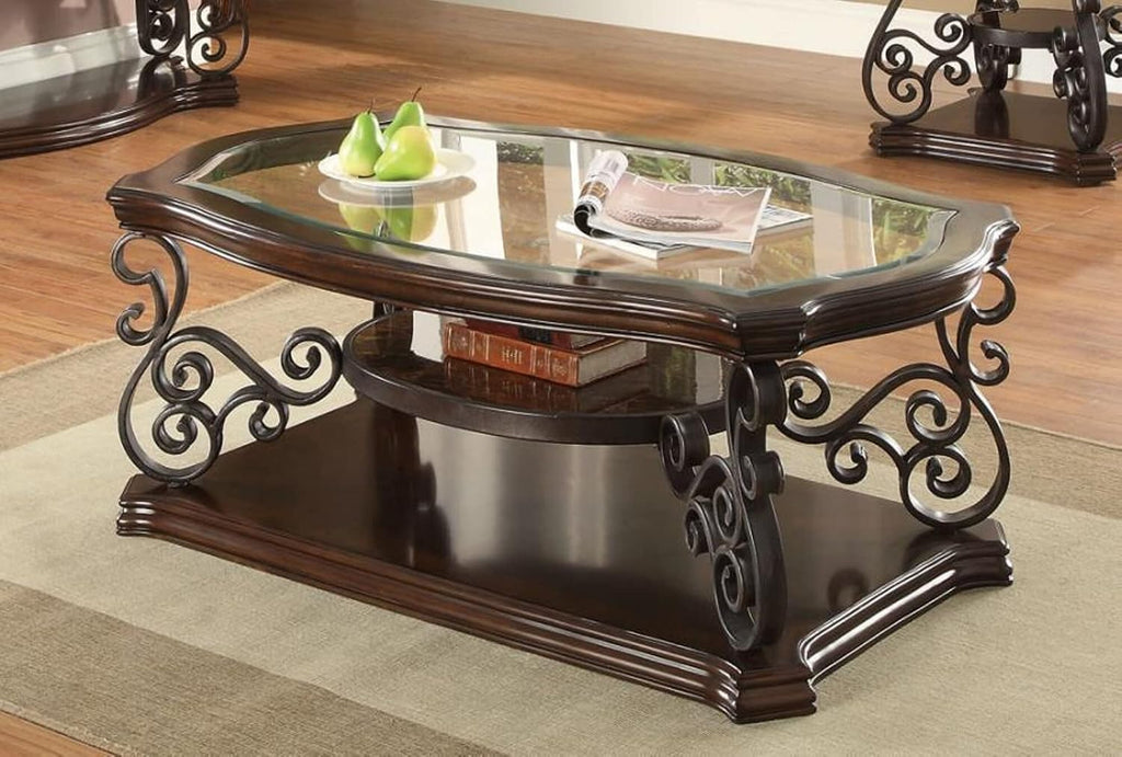 Elegant Retro Coffee Table, 3-Tier Traditional Rectangle Cocktail Table with Tempered Glass Top, Mid-Marble Shelf, Vintage Living Room Accent Sofa Table for Home Office, Easy Assembly