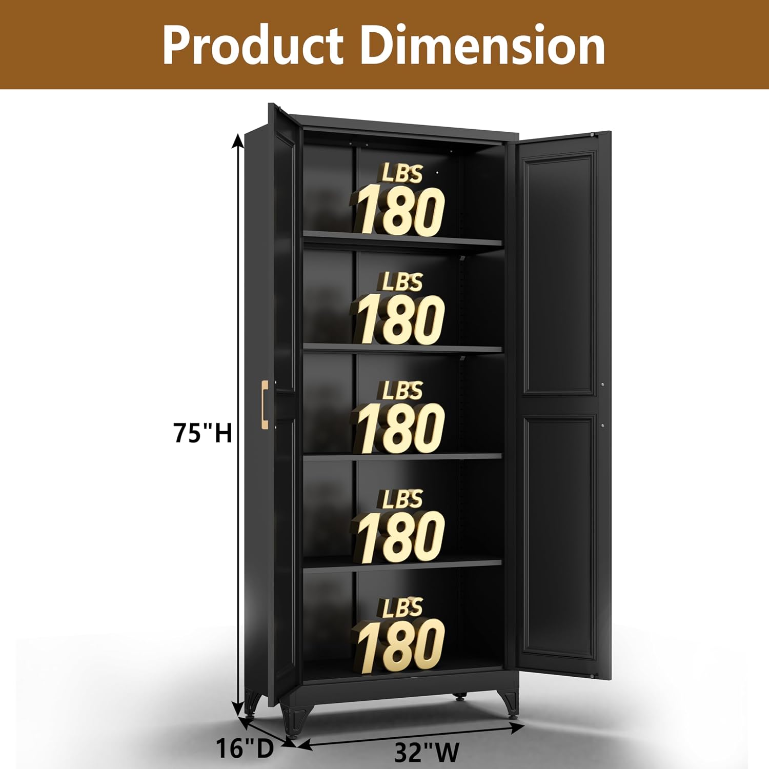 Polup Kitchen Pantry Cabinet, 75' H Metal Storage Cabinet with Doors and Shelves, 4 Standing Feet, Cupboard for Kitchen, Dining, Living Room, 16' D x 32' W x 75' H, Black, Assembly Required
