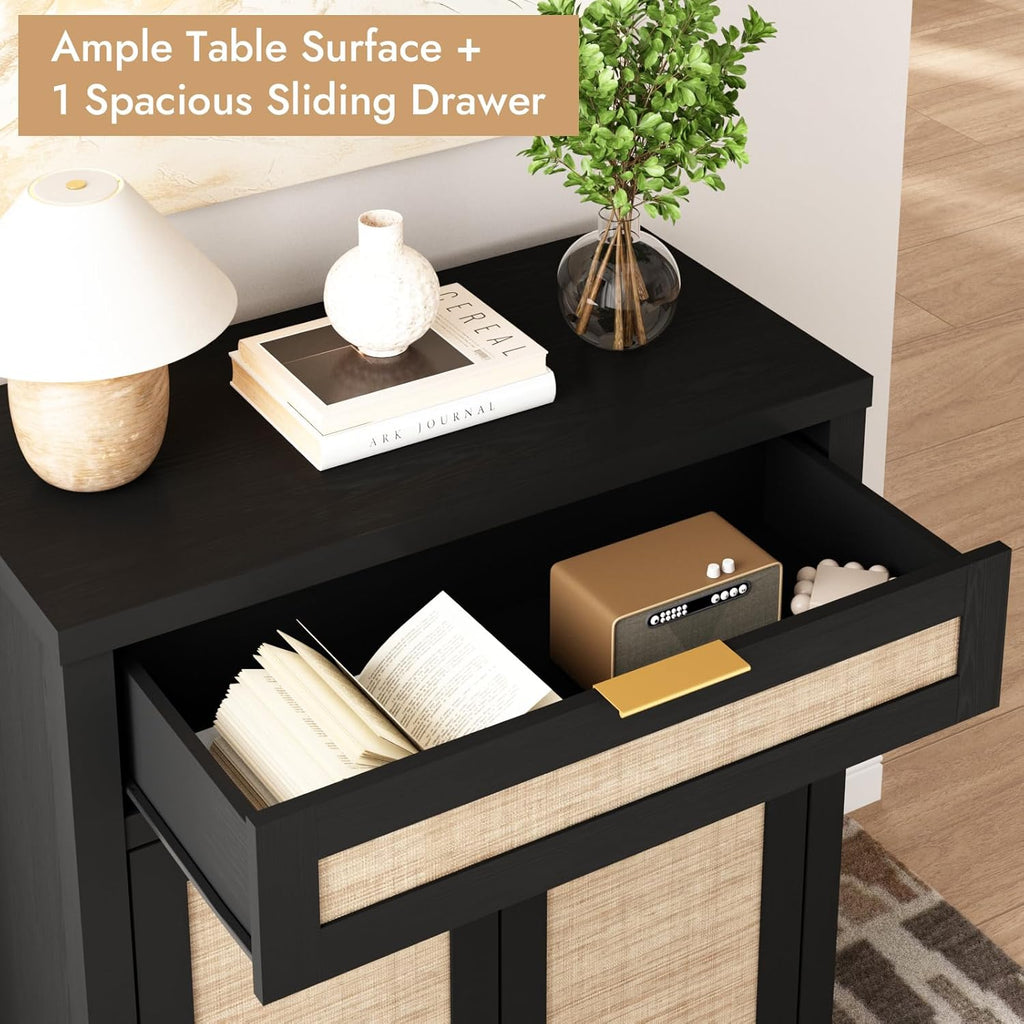 HOKYHOKY Rattan Sideboard Buffet Cabinet Set of 3, Boho Storage Cabinet with Adjustable Shelves, Farmhouse Credenza Coffee Bar Table with Doors & Drawer for Living Room, Hallway & Kitchen, Black