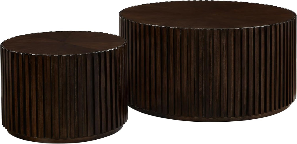 Nesting Round Wood Coffee Table Set of 2, Handcraft Drum Side Table End Table for Living Room, Modern Circle Wooden End Table Set for Small Space, No Need Assembly(Dark Brown,31x31x16 in)