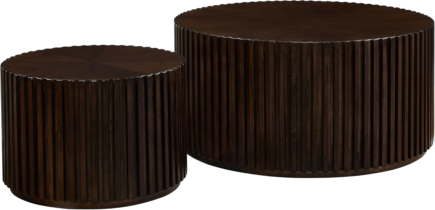 Nesting Round Wood Coffee Table Set of 2, Handcraft Drum Side Table End Table for Living Room, Modern Circle Wooden End Table Set for Small Space, No Need Assembly(Dark Brown,31x31x16 in)