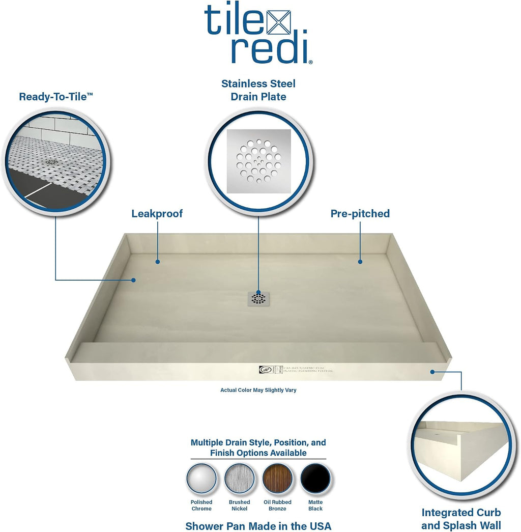 Tile Redi USAP3648C-SCSQMVZ Redi Base Shower Pan, 48' W x 36' D with Flashing, Matte Black