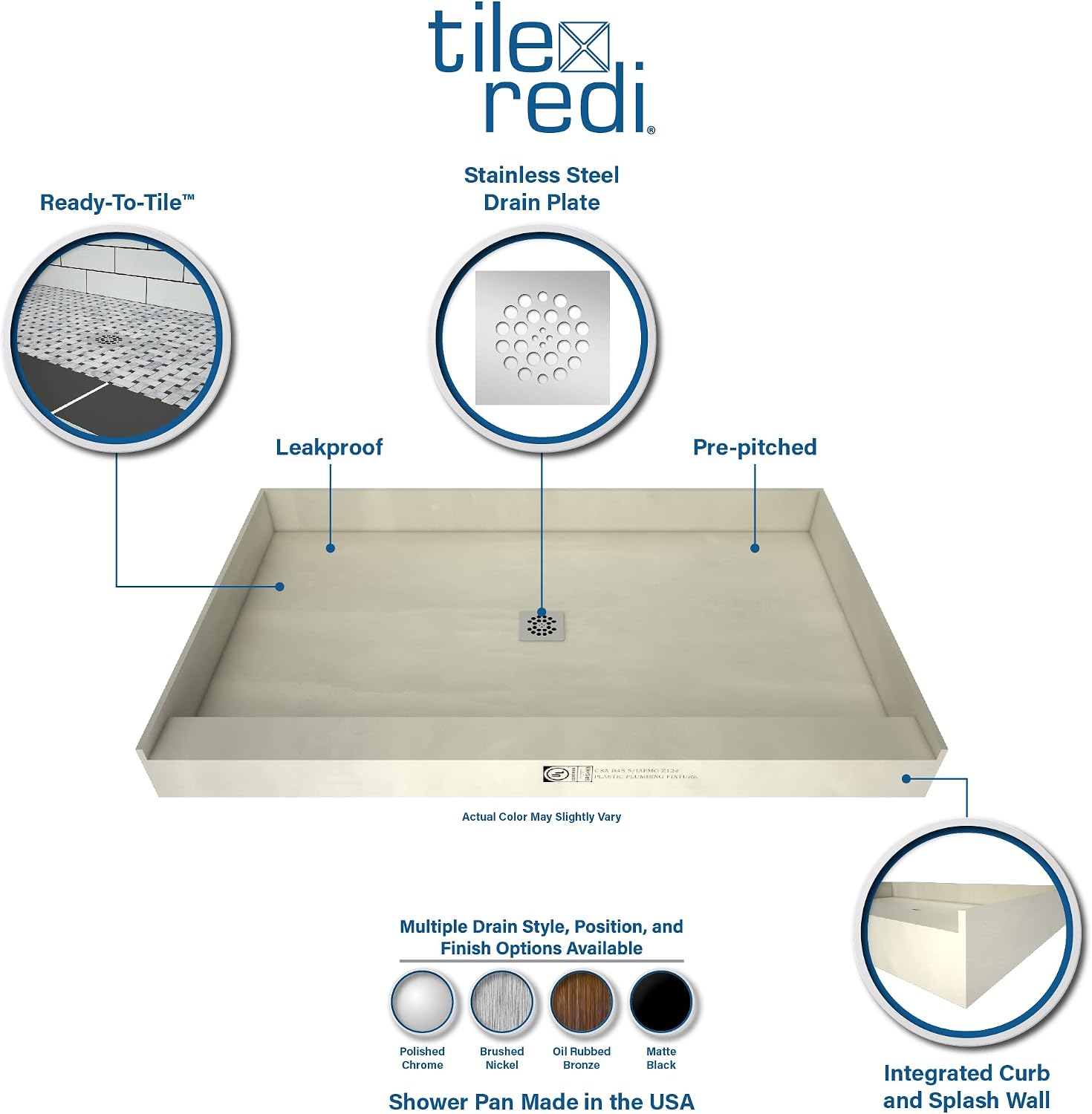 Tile Redi USAP3648C-SCSQMVZ Redi Base Shower Pan, 48' W x 36' D with Flashing, Matte Black