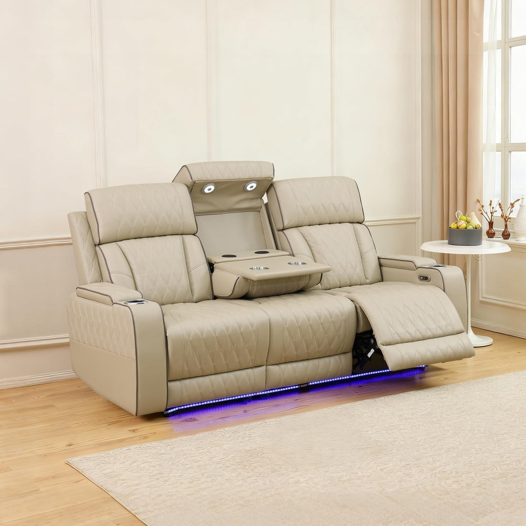 Power Recliner Sofa with LED Lights,Leather Reclining Couch with Double Recliner/USB Port/Coffee Table/Cup Holder for House/Home Theater(3 Seater Sofa,Paddy)