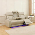 Power Recliner Sofa with LED Lights,Leather Reclining Couch with Double Recliner/USB Port/Coffee Table/Cup Holder for House/Home Theater(3 Seater Sofa,Paddy)