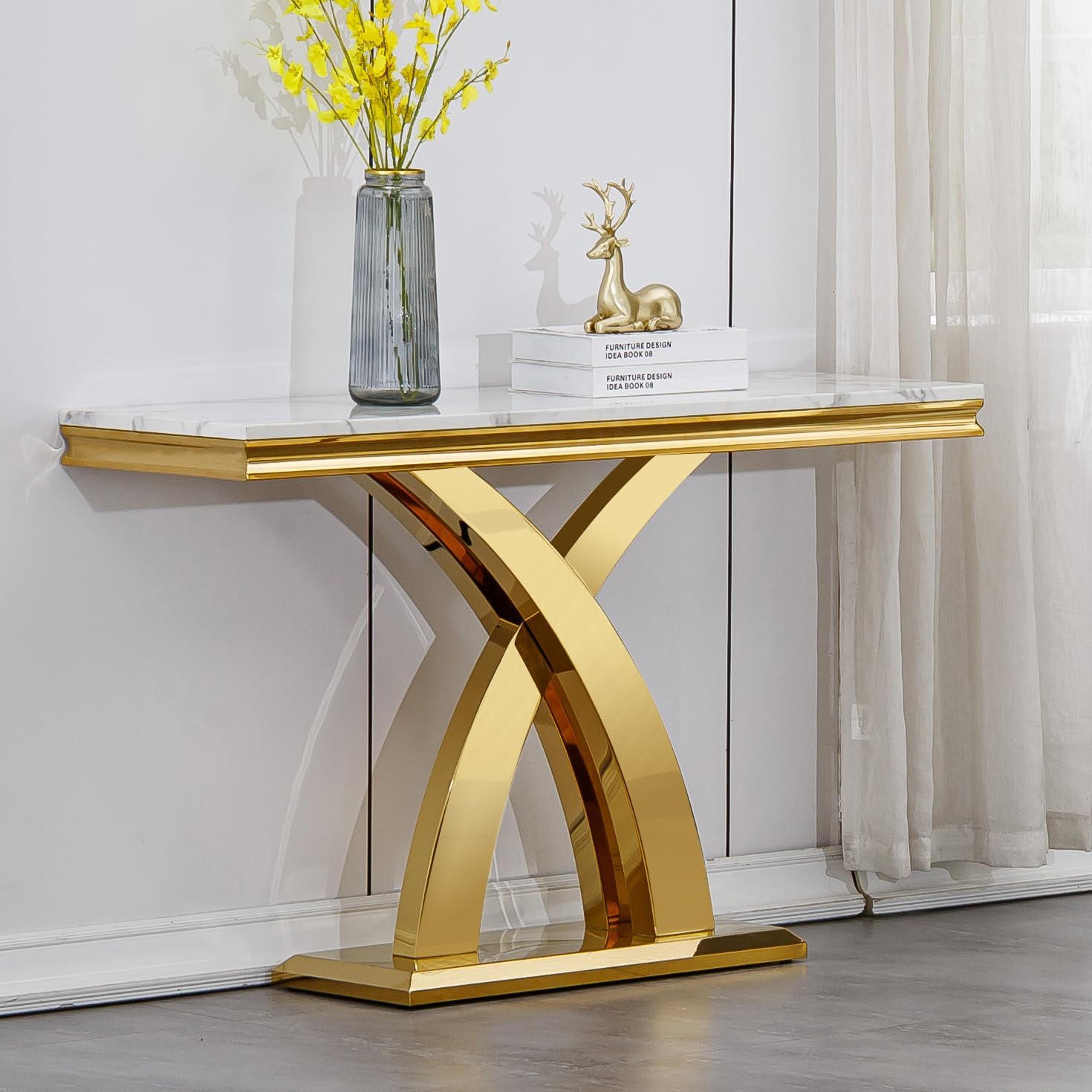 Modern White Gold Console Table, 47' Faux Marble Entryway Table Narrow Long Sofa Table, Luxury Accent Table Rectangle Behind Sofa Entrance Table Foyer Hallway Table for Living Room