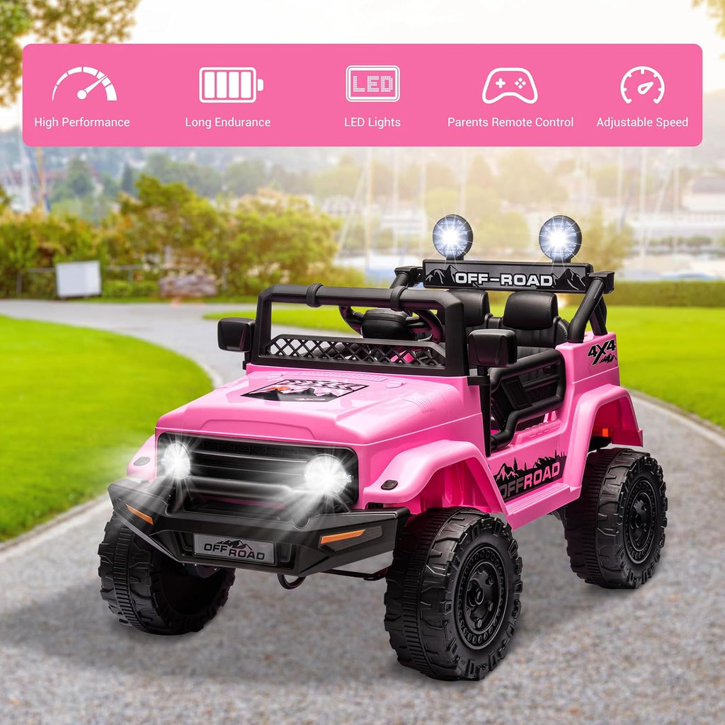 SEHOMY 12V Kids Ride On Truck with Parent Remote, 4 Wheelers Battery Powered Electric Toys Car Toddler - 3 Speed, Spring Suspension, LED Lights, Safety Start, Music, Kids Electric Vehicles Pink