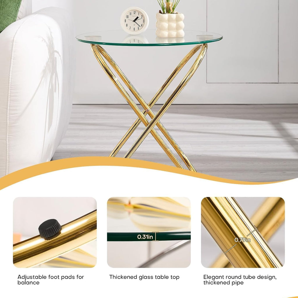 BECHAEO 19.7' Round Glass Gold Side Table Set of 2 with Gold-Plated Metal Ring-Shaped Frame for Living Room, Modern Round Glass End Table Nightstand for Bedroom, Small Side Table for Small Spaces