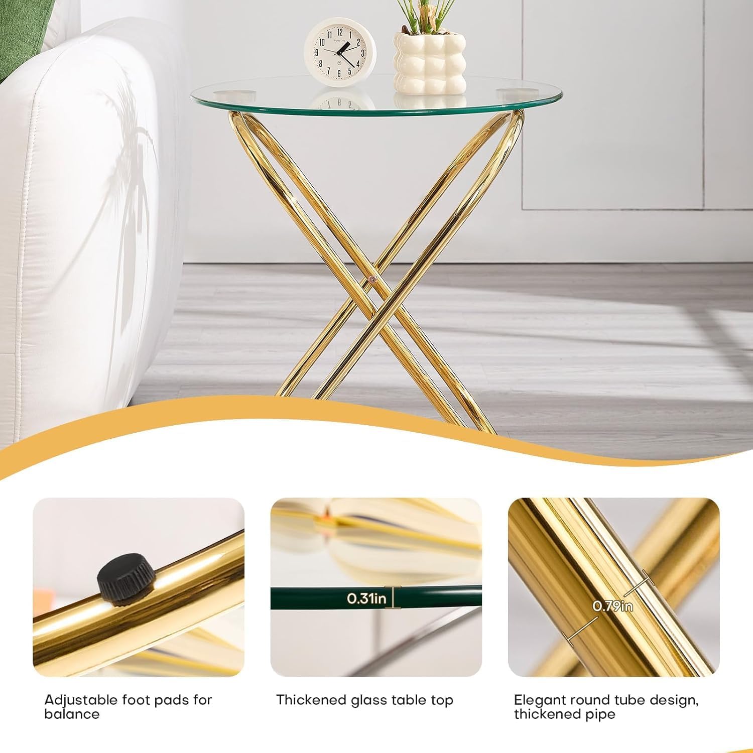 BECHAEO 19.7' Round Glass Gold Side Table Set of 2 with Gold-Plated Metal Ring-Shaped Frame for Living Room, Modern Round Glass End Table Nightstand for Bedroom, Small Side Table for Small Spaces