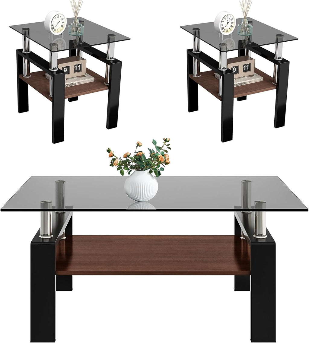 Modern Glass Coffee Table Set of 3 with Storage, Black End Tables with Metal Leg, Gray Rectangle Tempered Glass Center Table for Living Room Furniture