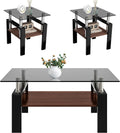 Modern Glass Coffee Table Set of 3 with Storage, Black End Tables with Metal Leg, Gray Rectangle Tempered Glass Center Table for Living Room Furniture