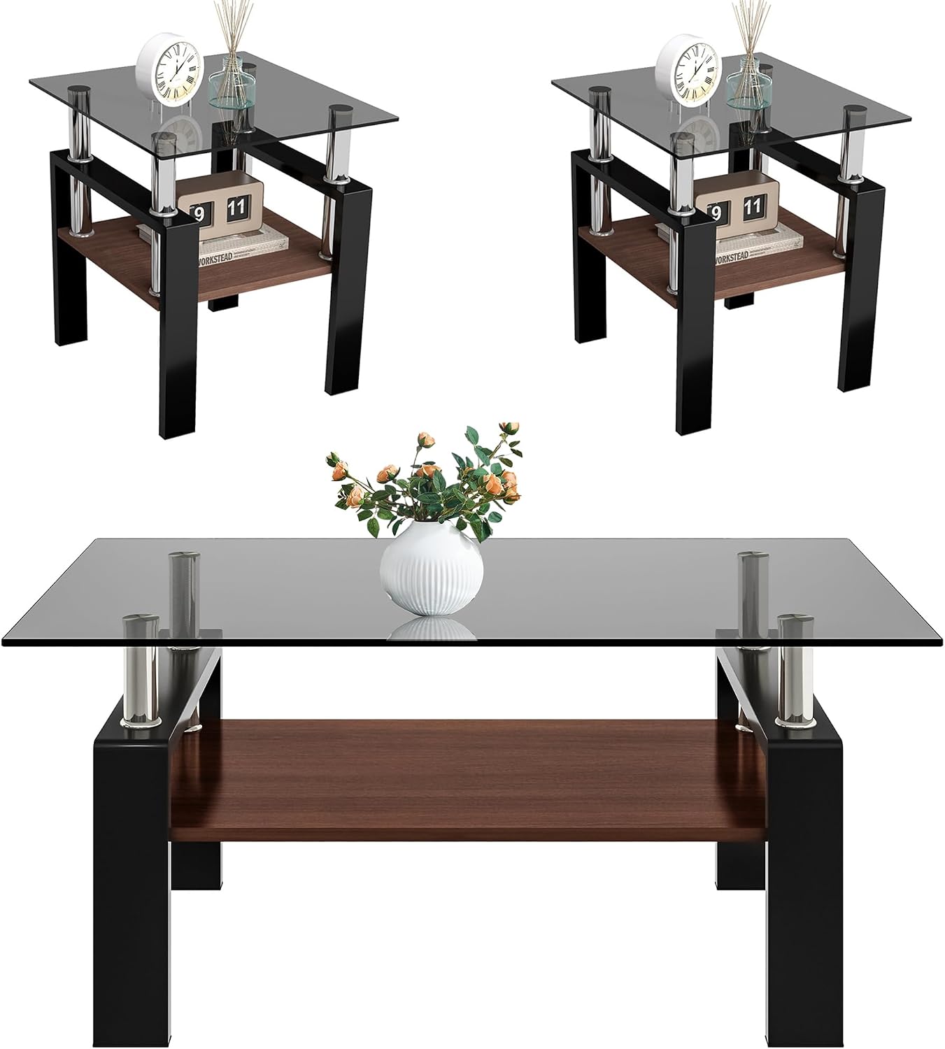 Modern Glass Coffee Table Set of 3 with Storage, Black End Tables with Metal Leg, Gray Rectangle Tempered Glass Center Table for Living Room Furniture