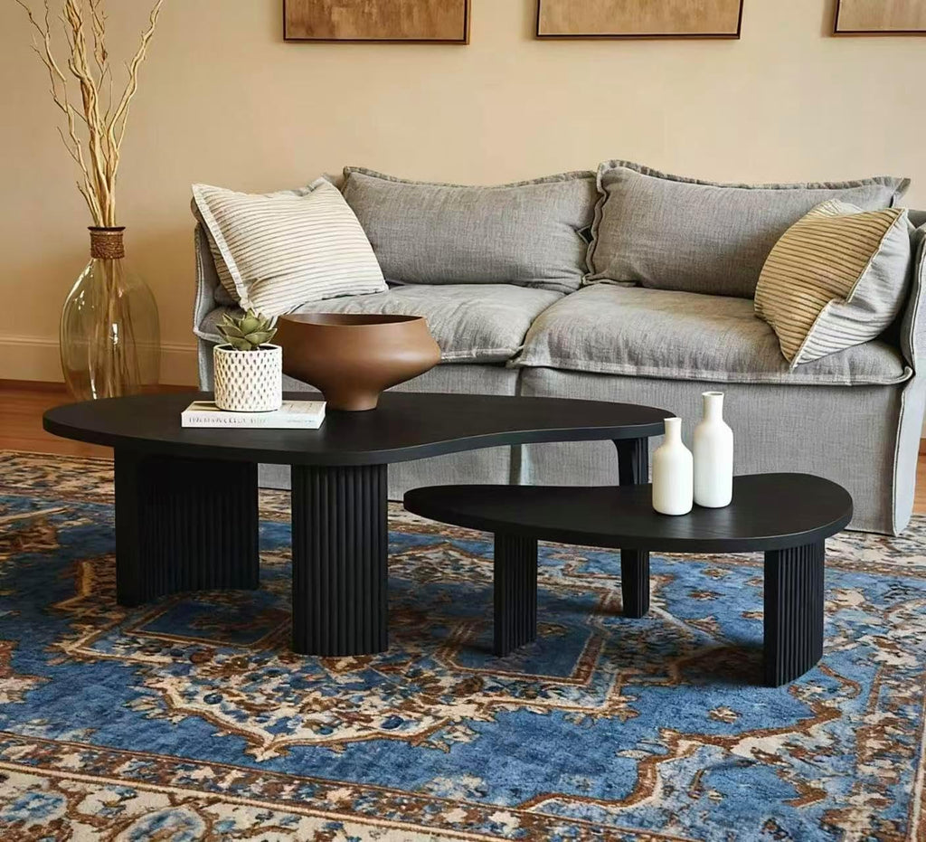 Nesting Coffee Table Set of 2, Modern Irregular Nesting Tables Wooden Center Circle Accent Tea End Side with Fluted Legs for Living Room, Apartment, Office 49.41' W Black