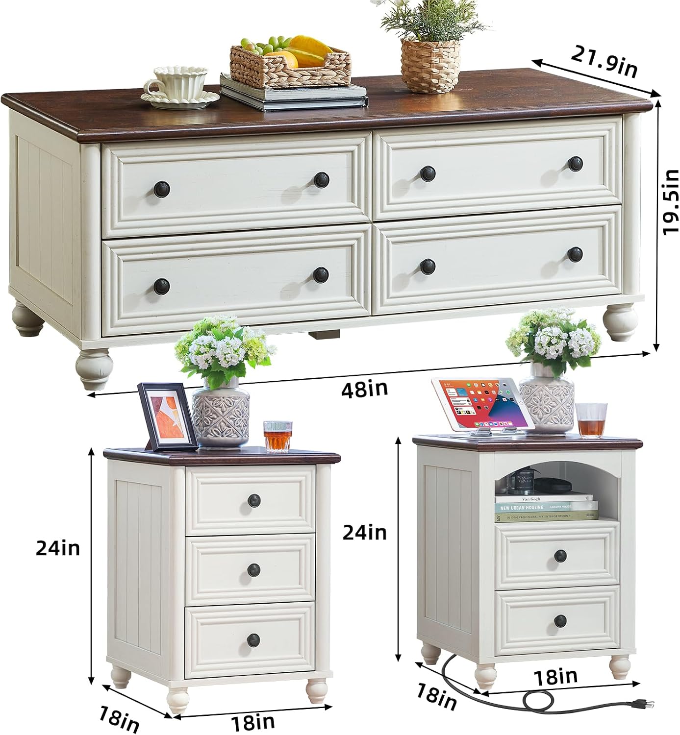Farmhouse Coffee Table and Night Stand Set of 3, Wood 48' Center Table and 18'' Wide Chest of Drawers, Roman Column Nightstand Set of 2, Coffee and end Tables Sets for Living Room,Hallway,White